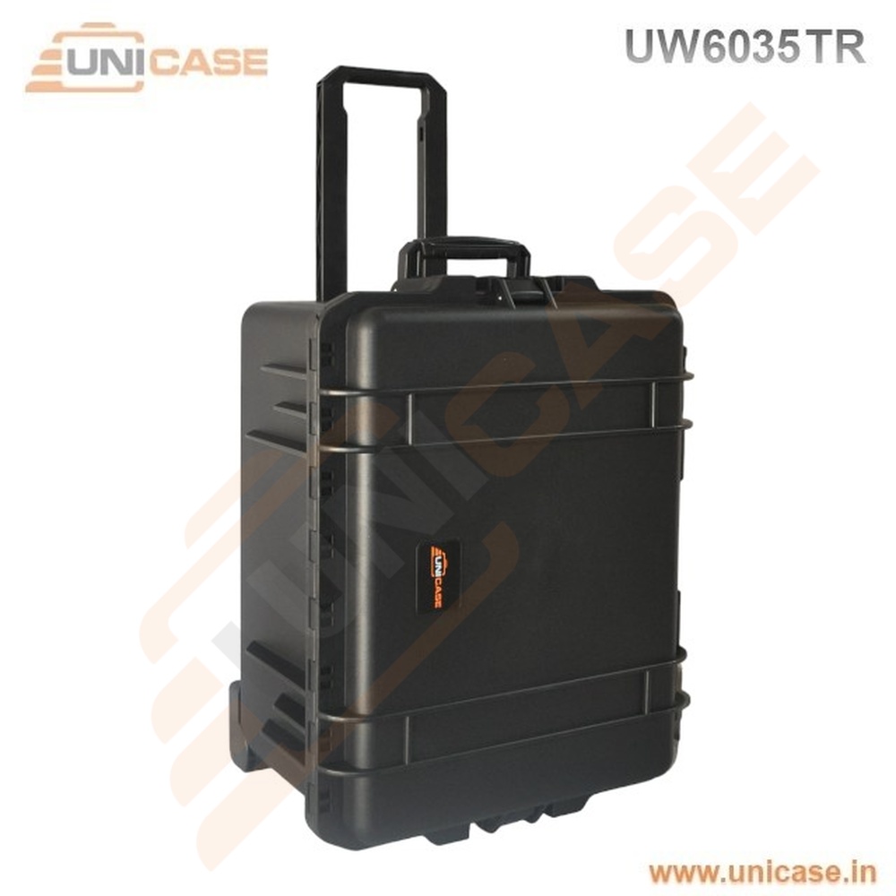 Military equipment transport cases with heavy duty wheels and trolley system