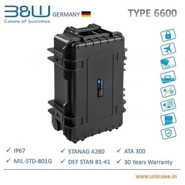 TYPE 6600 B&W Heavy duty waterproof IP67 certified outdoor hard plastic carry Case: Rugged flight cabin baggage MIL grade camera hard plastic carry case