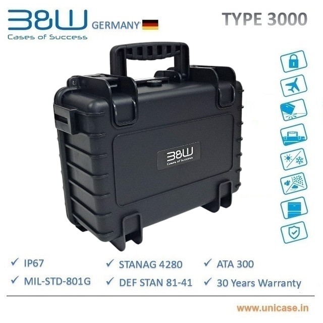 TYPE 3000 B&W Industrial IP67 certified MIL grade Hard Plastic Case: High quality outdoor waterproof transit carry case