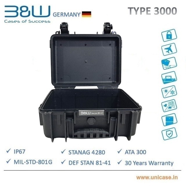 TYPE 3000 B&W Industrial IP67 certified MIL grade Hard Plastic Case: High quality outdoor waterproof transit carry case