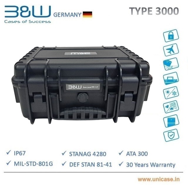 TYPE 3000 B&W Industrial IP67 certified MIL grade Hard Plastic Case: High quality outdoor waterproof transit carry case