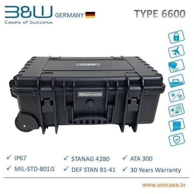 TYPE 6600 B&W Heavy duty waterproof IP67 certified outdoor hard plastic carry Case: Rugged flight cabin baggage MIL grade camera hard plastic carry case