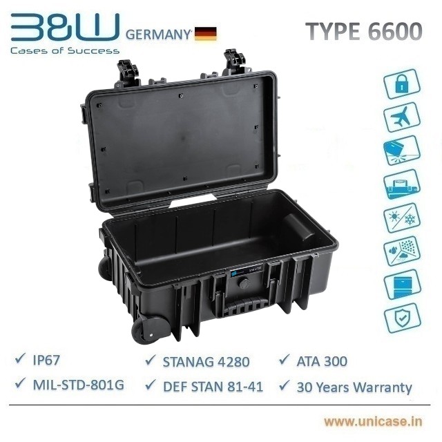 TYPE 6600 B&W Heavy duty waterproof IP67 certified outdoor hard plastic carry Case: Rugged flight cabin baggage MIL grade camera hard plastic carry case