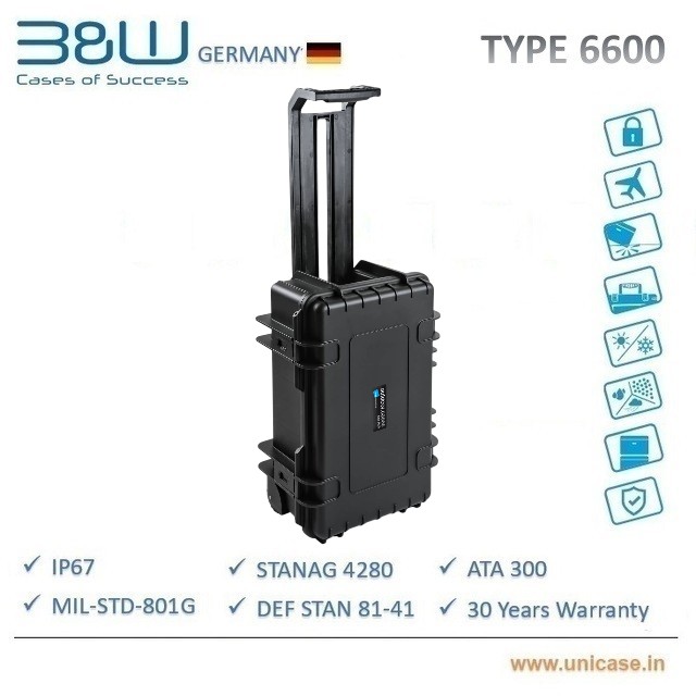 TYPE 6600 B&W Heavy duty waterproof IP67 certified outdoor hard plastic carry Case: Rugged flight cabin baggage MIL grade camera hard plastic carry case