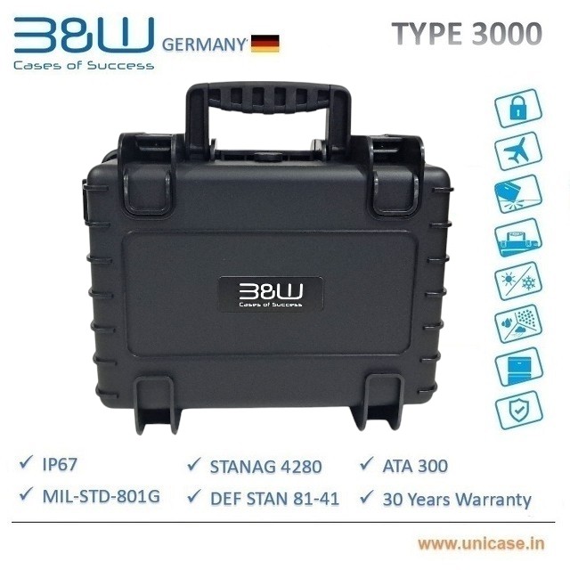 TYPE 3000 B&W Industrial IP67 certified MIL grade Hard Plastic Case: High quality outdoor waterproof transit carry case