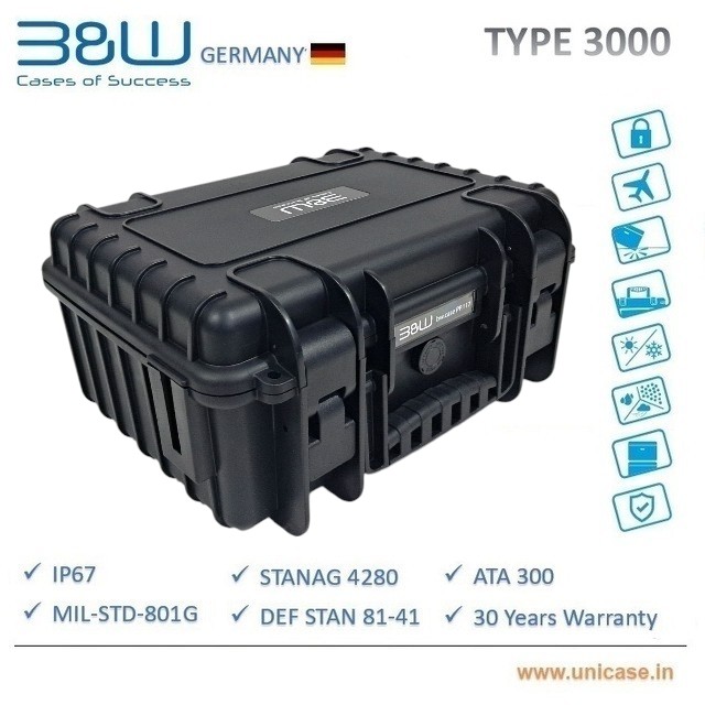 TYPE 3000 B&W Industrial IP67 certified MIL grade Hard Plastic Case: High quality outdoor waterproof transit carry case