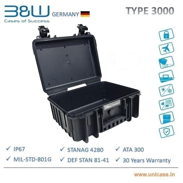 TYPE 3000 B&W Industrial IP67 certified MIL grade Hard Plastic Case: High quality outdoor waterproof transit carry case