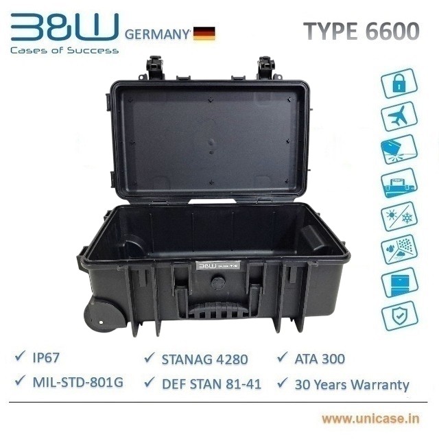 TYPE 6600 B&W Heavy duty waterproof IP67 certified outdoor hard plastic carry Case: Rugged flight cabin baggage MIL grade camera hard plastic carry case