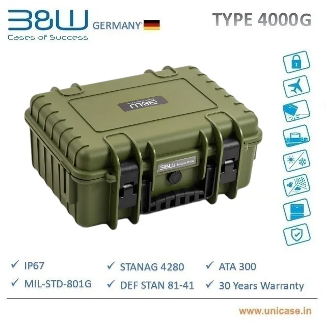 TYPE 4000G B&W IP67 and MIL grade certified Olive Green Plastic Carry Case: Highest quality waterproof plastic carry case