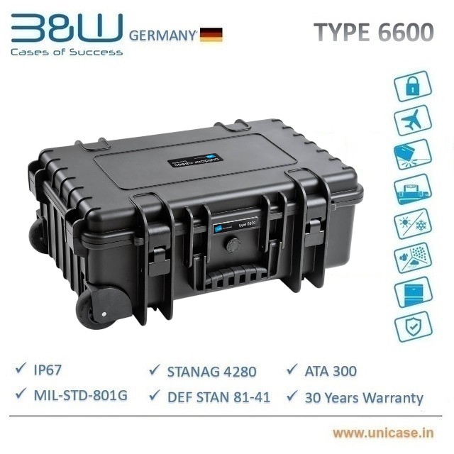 TYPE 6600 B&W Heavy duty waterproof IP67 certified outdoor hard plastic carry Case: Rugged flight cabin baggage MIL grade camera hard plastic carry case