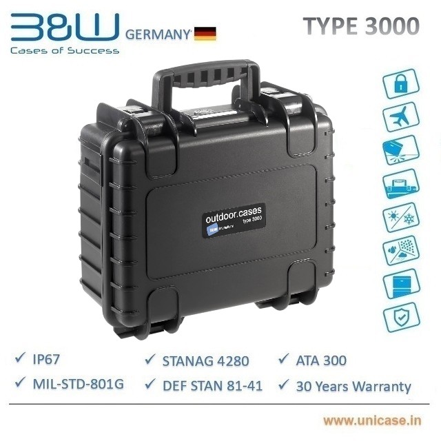 TYPE 3000 B&W Industrial IP67 certified MIL grade Hard Plastic Case: High quality outdoor waterproof transit carry case